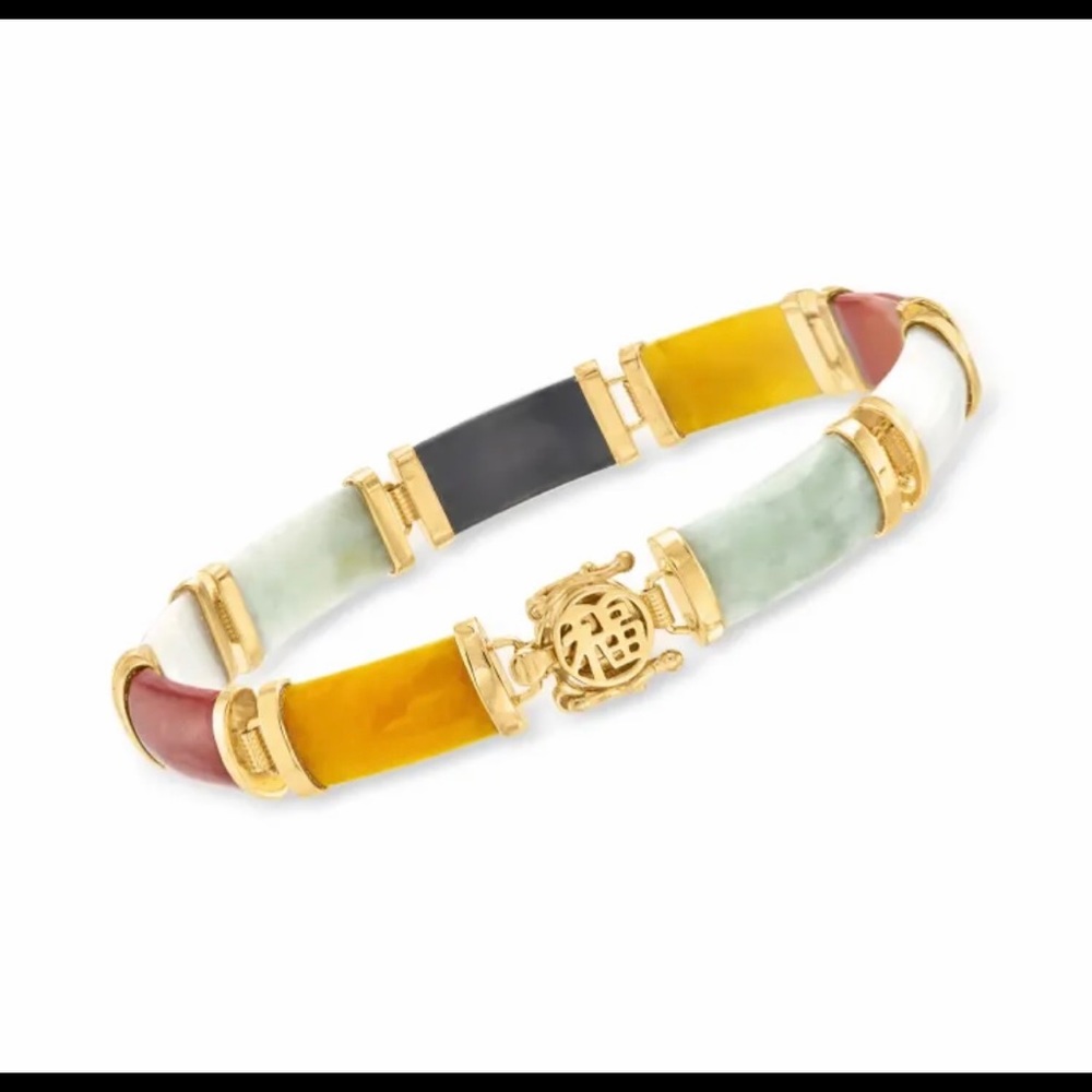 Genuine Multicolored Jade “Good Fortune” Bracelet in 18kt Gold Over SS.